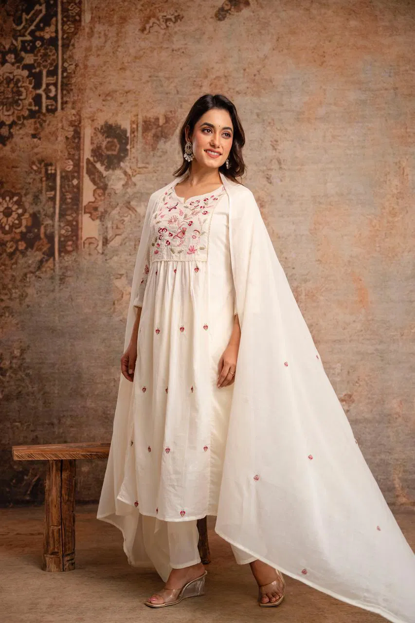 Naisha K 687 Mul Cotton With Embroidered Kurti Pant And Dupatta