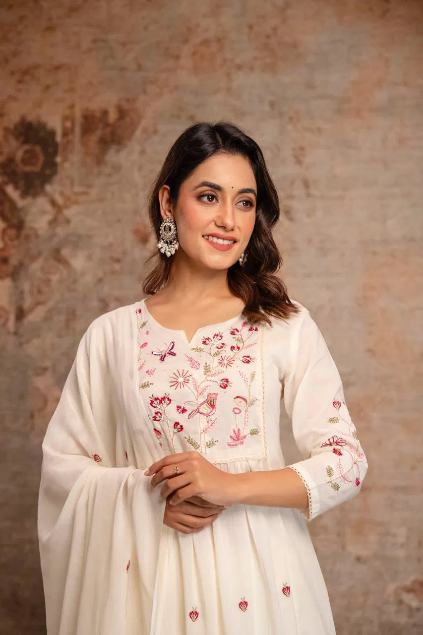 Naisha K 687 Mul Cotton With Embroidered Kurti Pant And Dupatta