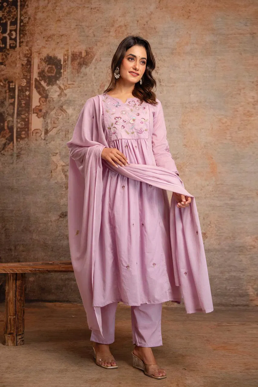 Naisha K 687 Mul Cotton With Embroidered Kurti Pant And Dupatta