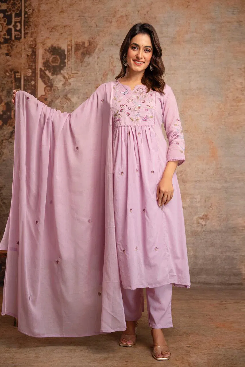 Naisha K 687 Mul Cotton With Embroidered Kurti Pant And Dupatta