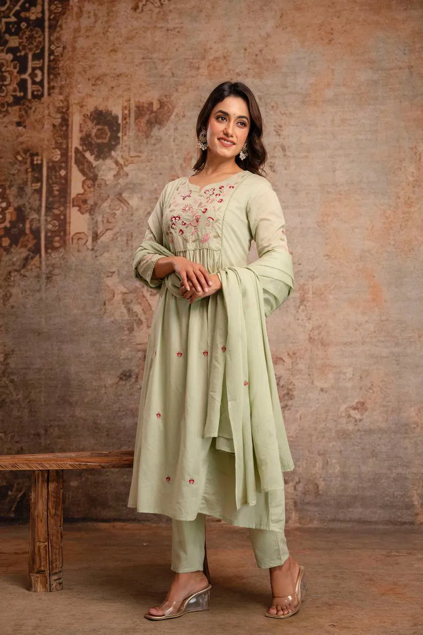 Naisha K 687 Mul Cotton With Embroidered Kurti Pant And Dupatta