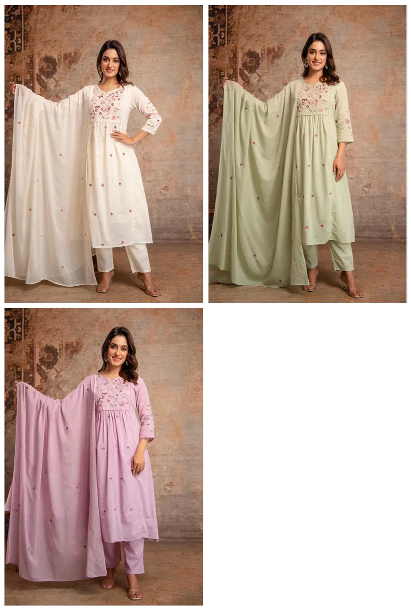Naisha K 687 Mul Cotton With Embroidered Kurti Pant And Dupatta