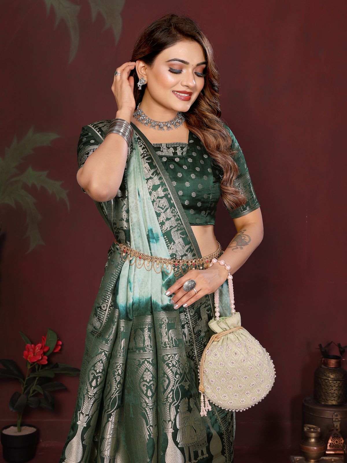 Lekha VC Sharmili Satin Silk Sibori Work Zari Weaving Border Saree