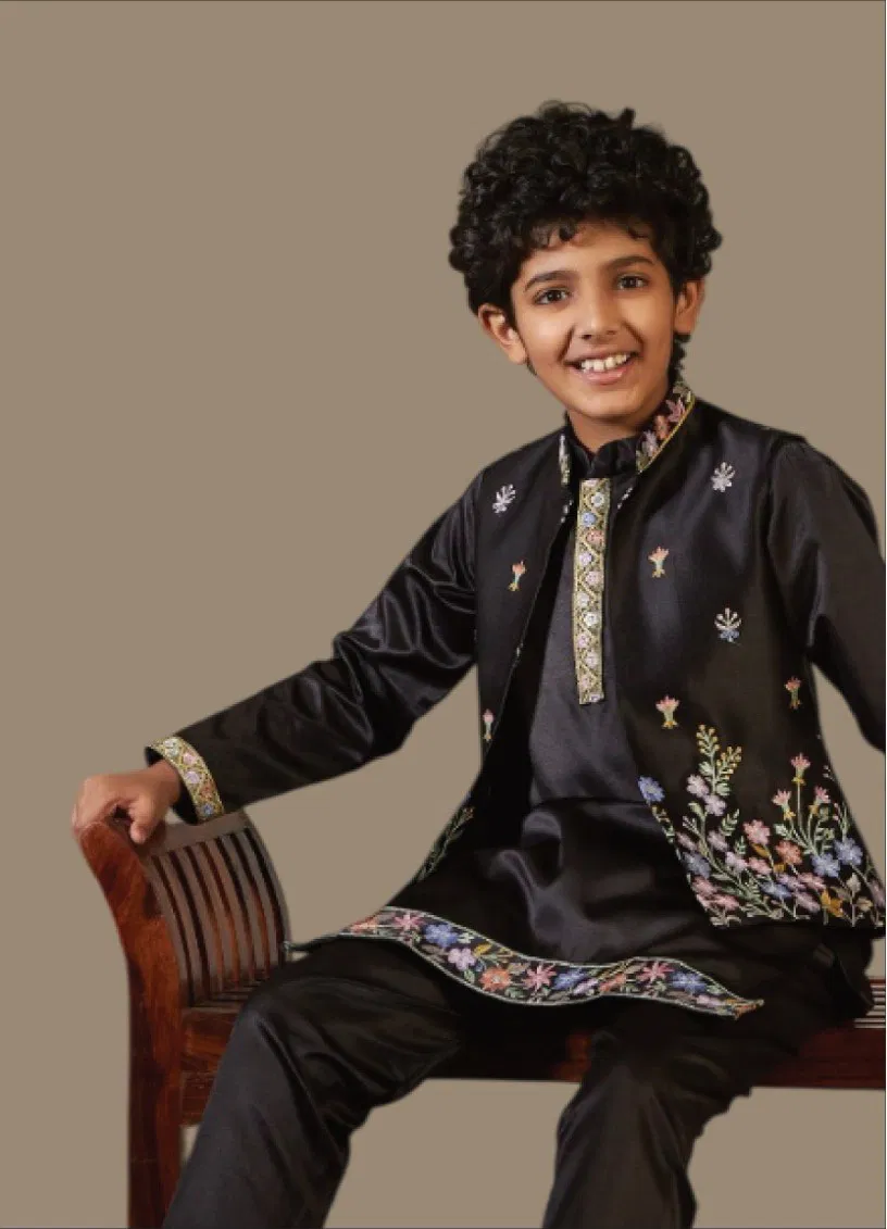 Clleora Mini Maharaj Satin Thread Embroidered Work Kurta Pant And Koti