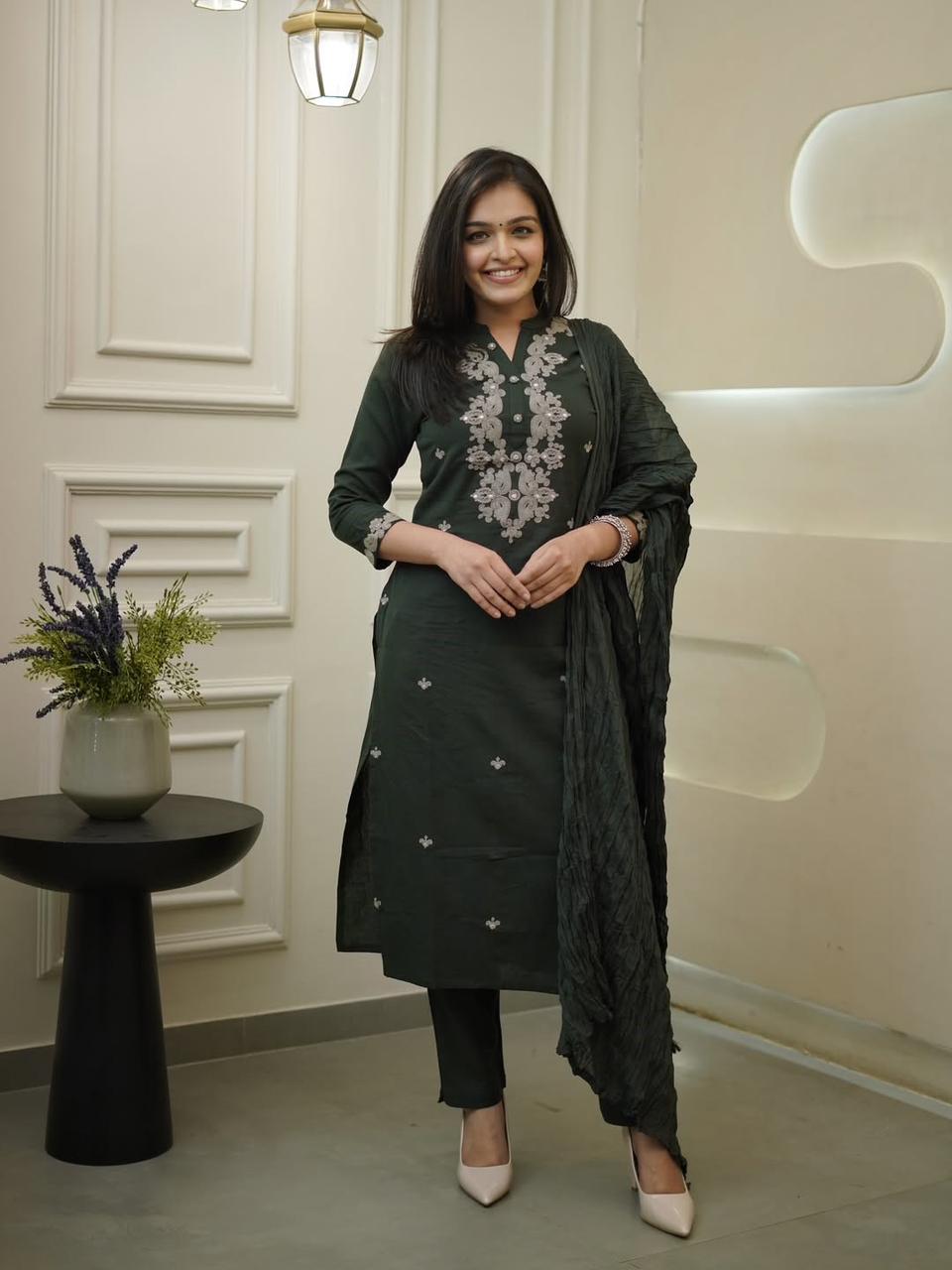 NCO 16 Pure Viscose Rayon Slub Sequins Embroidery Work Kurti Bottom With Dupatta