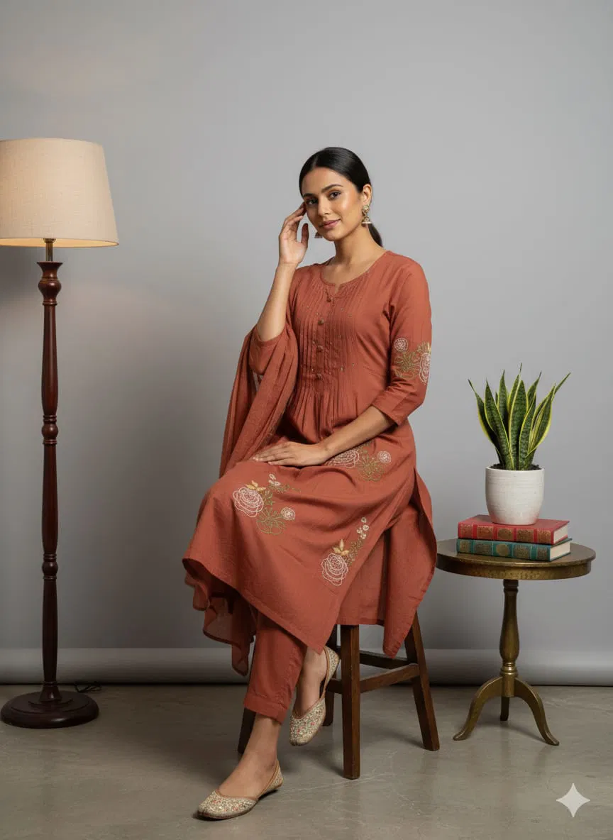 Naisha K 690 Cotton Embroidered With Handwork Top Bottom And Dupatta
