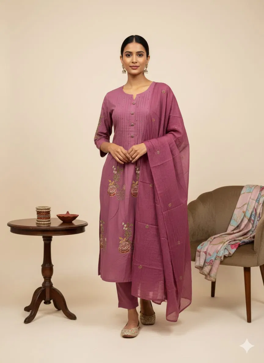 Naisha K 690 Cotton Embroidered With Handwork Top Bottom And Dupatta