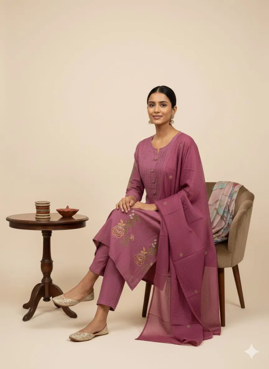 Naisha K 690 Cotton Embroidered With Handwork Top Bottom And Dupatta