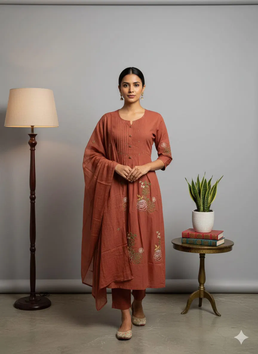 Naisha K 690 Cotton Embroidered With Handwork Top Bottom And Dupatta