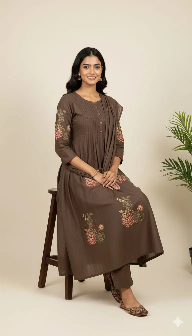 Naisha K 690 Cotton Embroidered With Handwork Top Bottom And Dupatta