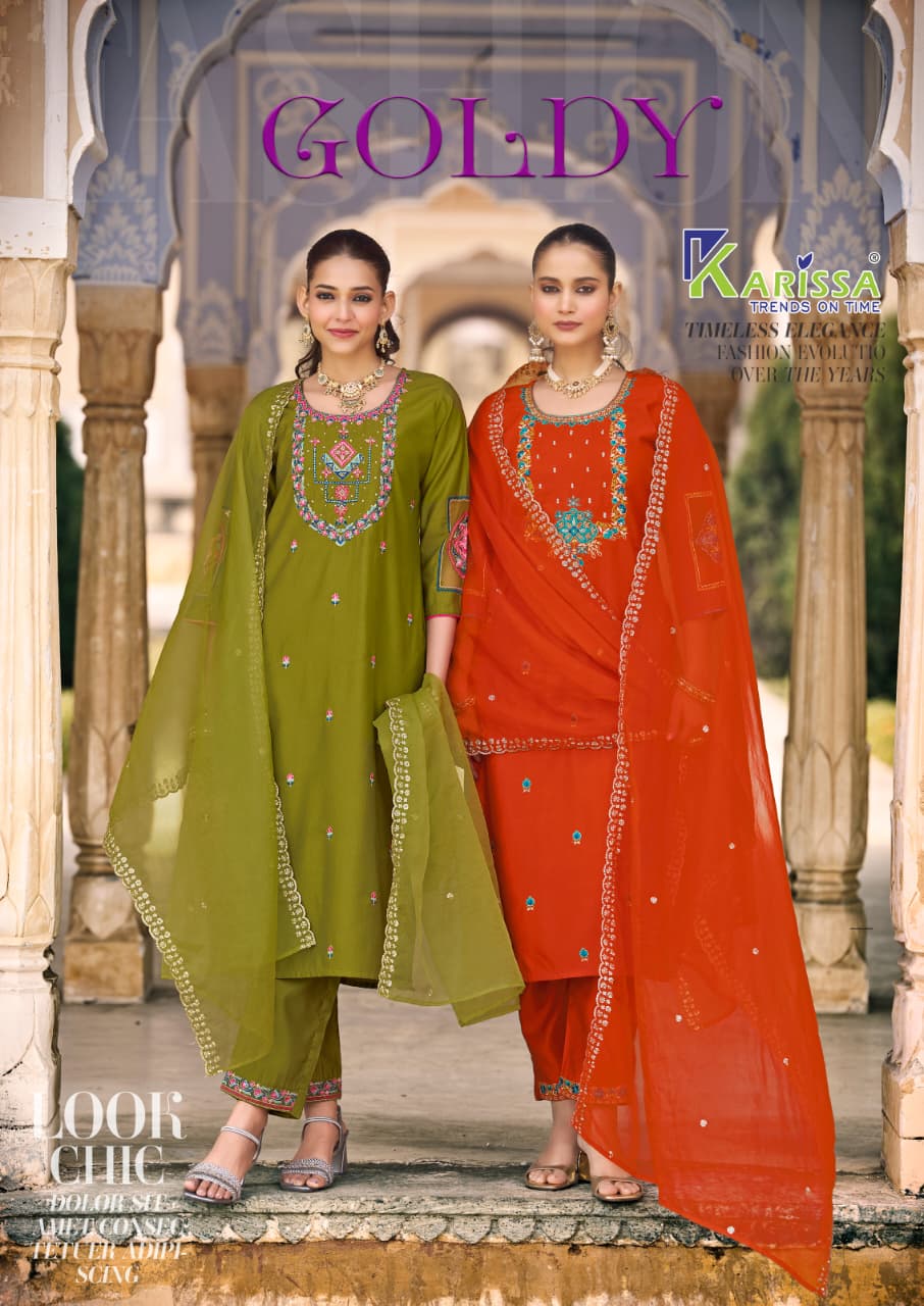Karissa Goldy Viscose Gadhwal Threadwork Kurti Pant And Dupatta Collection