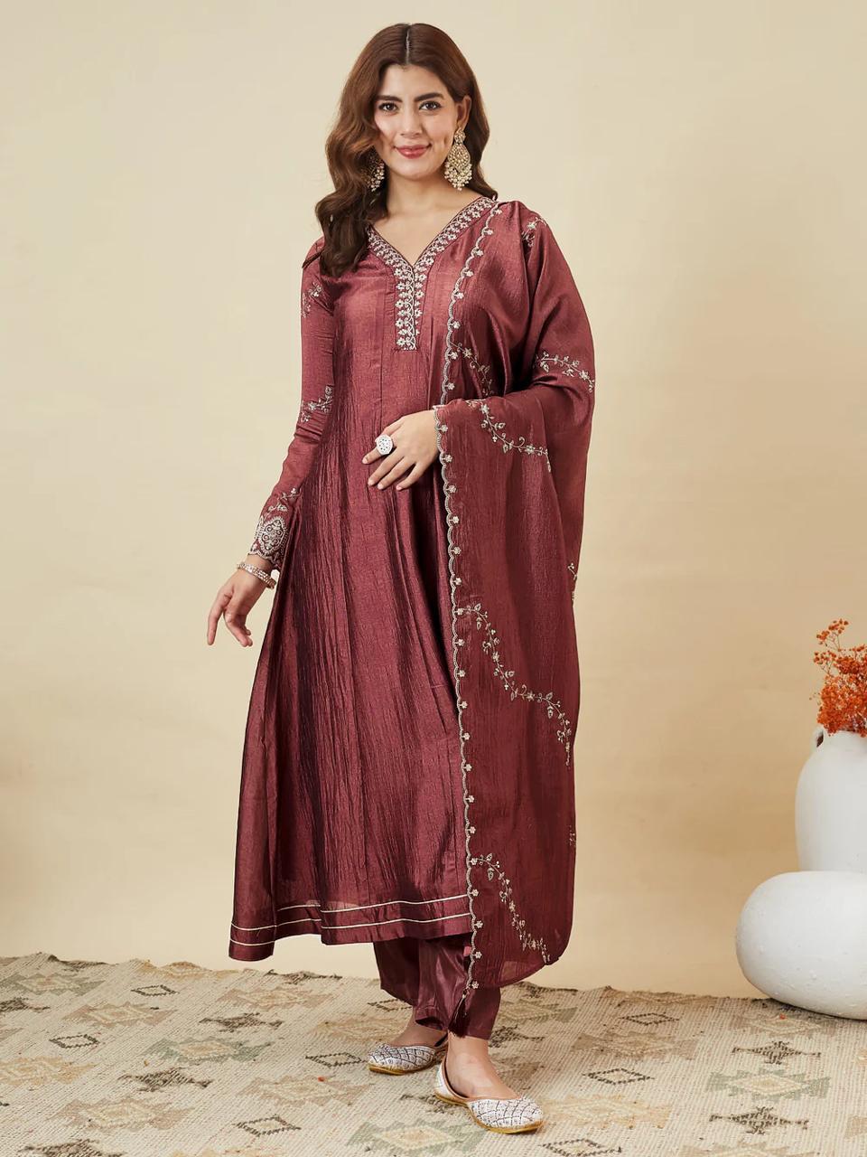 NCO 18 HJJ Vichitra Silk Embroidery Anarkali Kurti Bottom With Dupatta