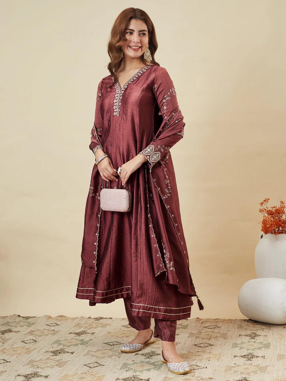 NCO 18 HJJ Vichitra Silk Embroidery Anarkali Kurti Bottom With Dupatta