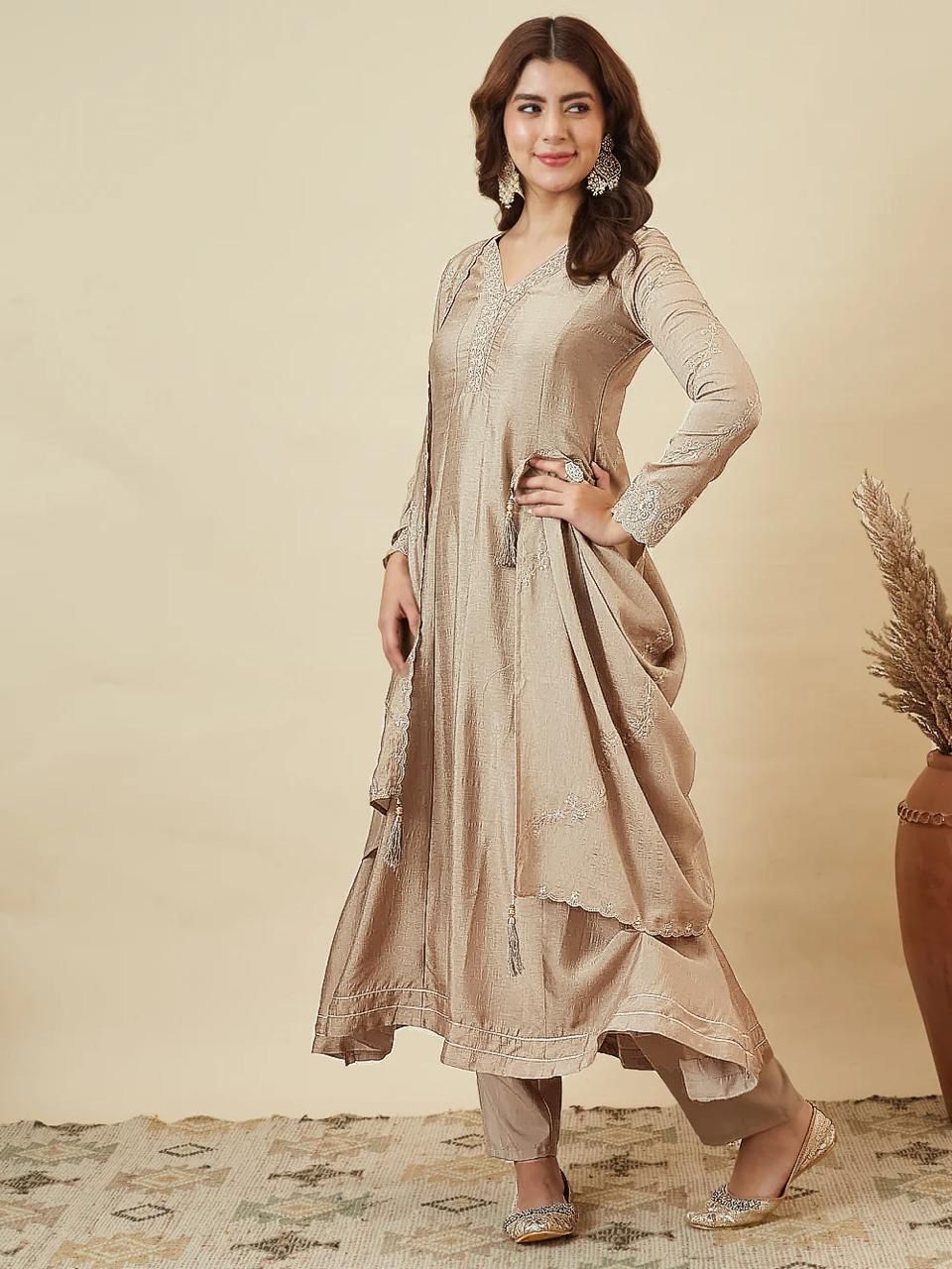 NCO 18 HJJ Vichitra Silk Embroidery Anarkali Kurti Bottom With Dupatta