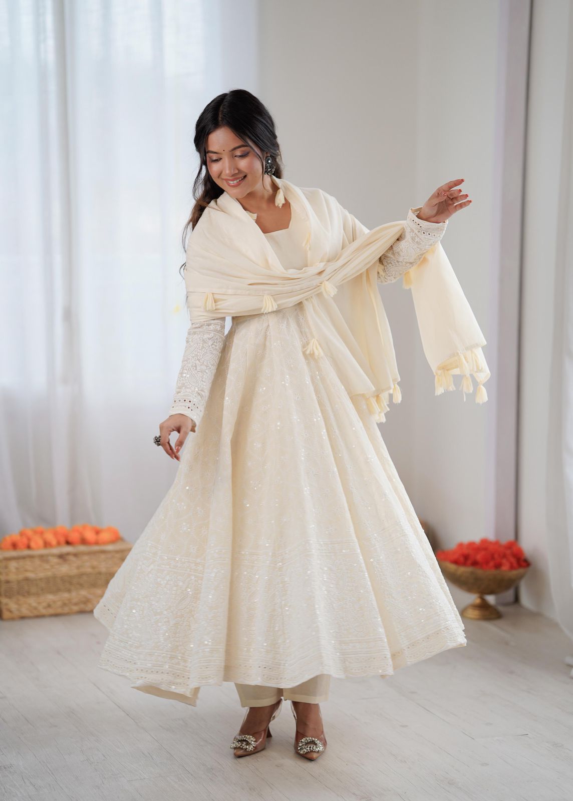 NCO 20 HSRK Pure Cora Cotton Anarkali Schiffli Work Gown Bottom With Dupatta