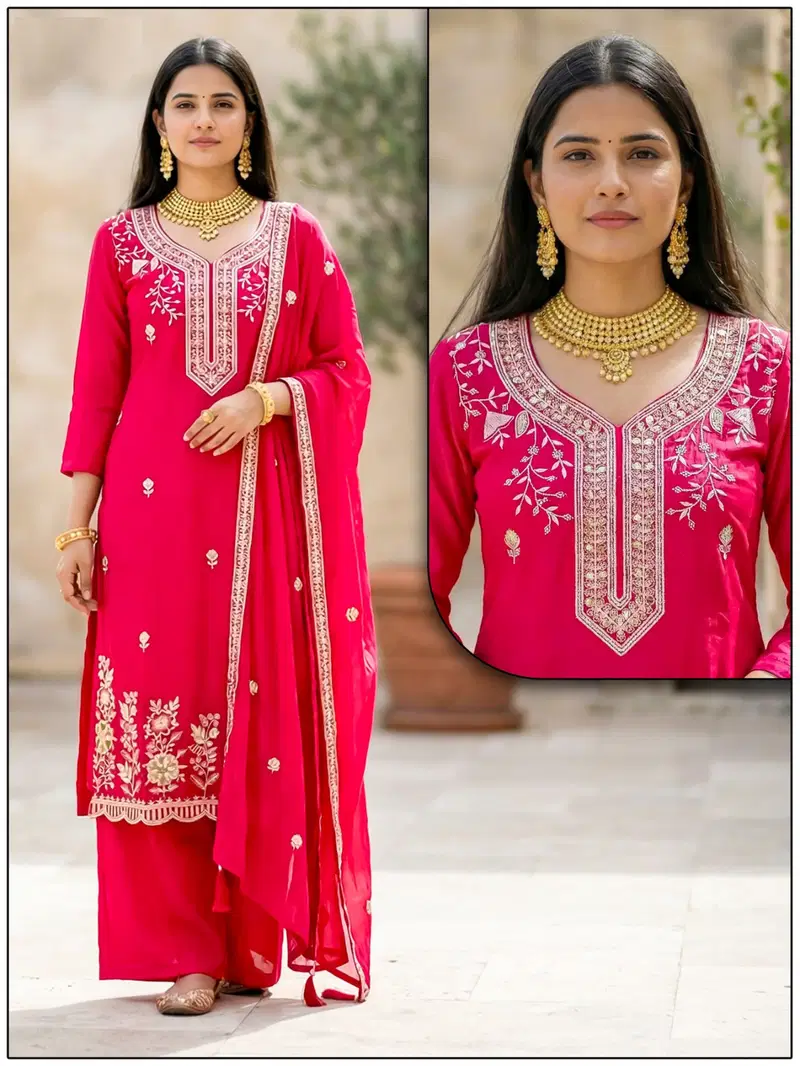 Naisha K 693 Roman Glass With Work Kurti Plazzo And Dupatta Collection