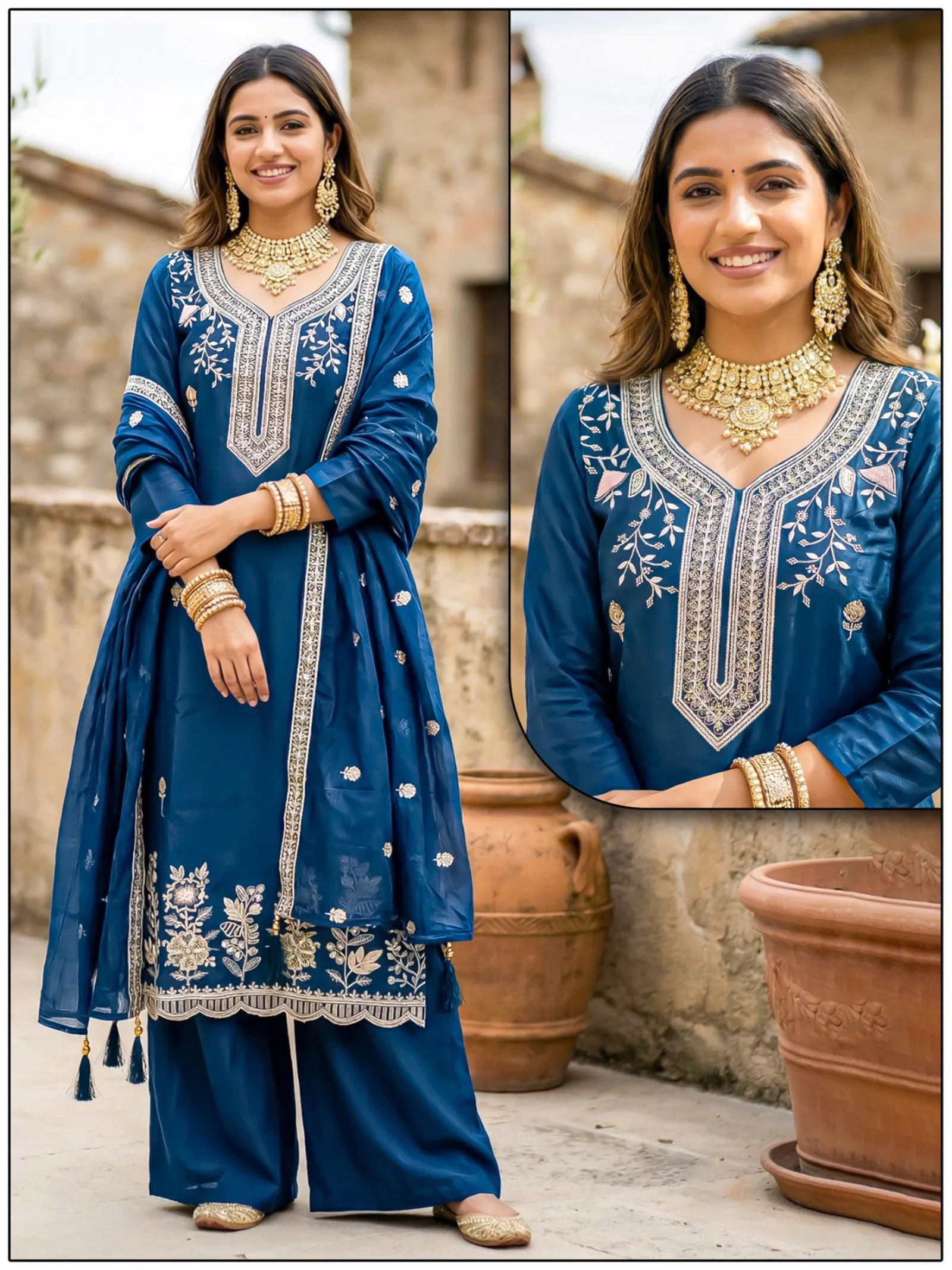 Naisha K 693 Roman Glass With Work Kurti Plazzo And Dupatta Collection