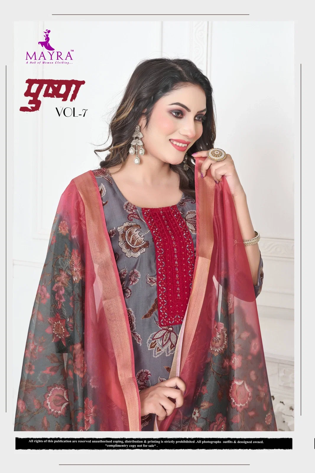 Mayra Pushpa 7 Vertican Print With Sequence Embroidery Top With Bottom And Dupatta Collection