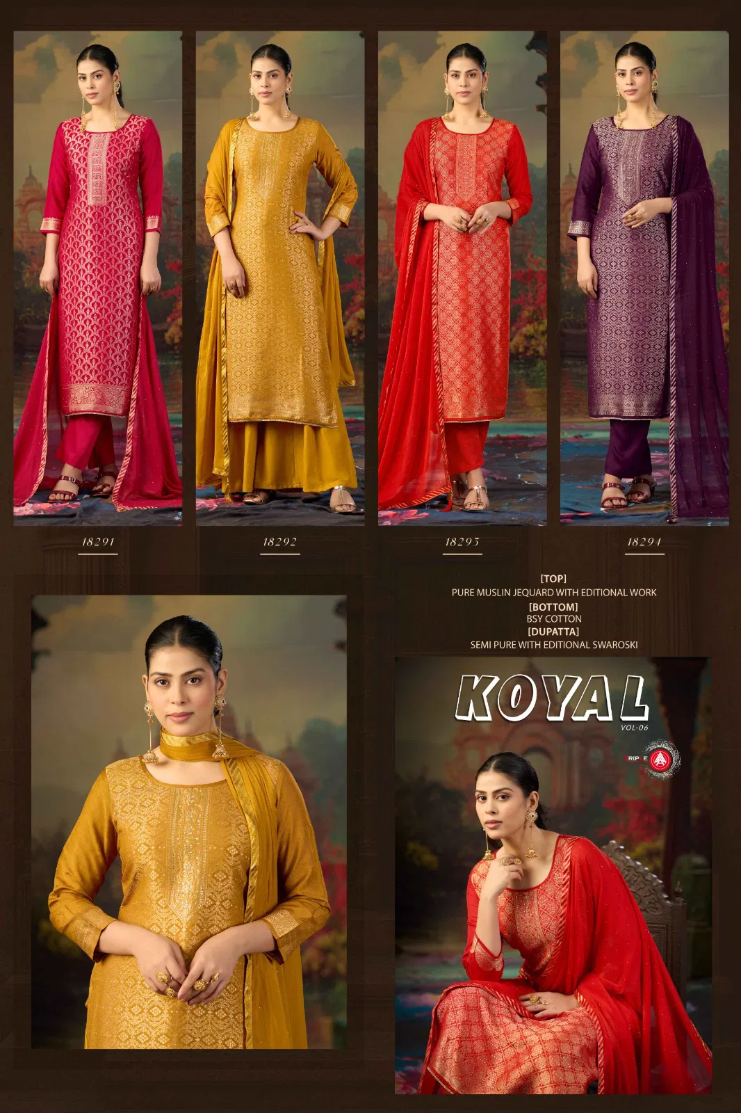 Triple Aaa Koyal Vol 6 Pure Muslin Jacquard Dress Material
