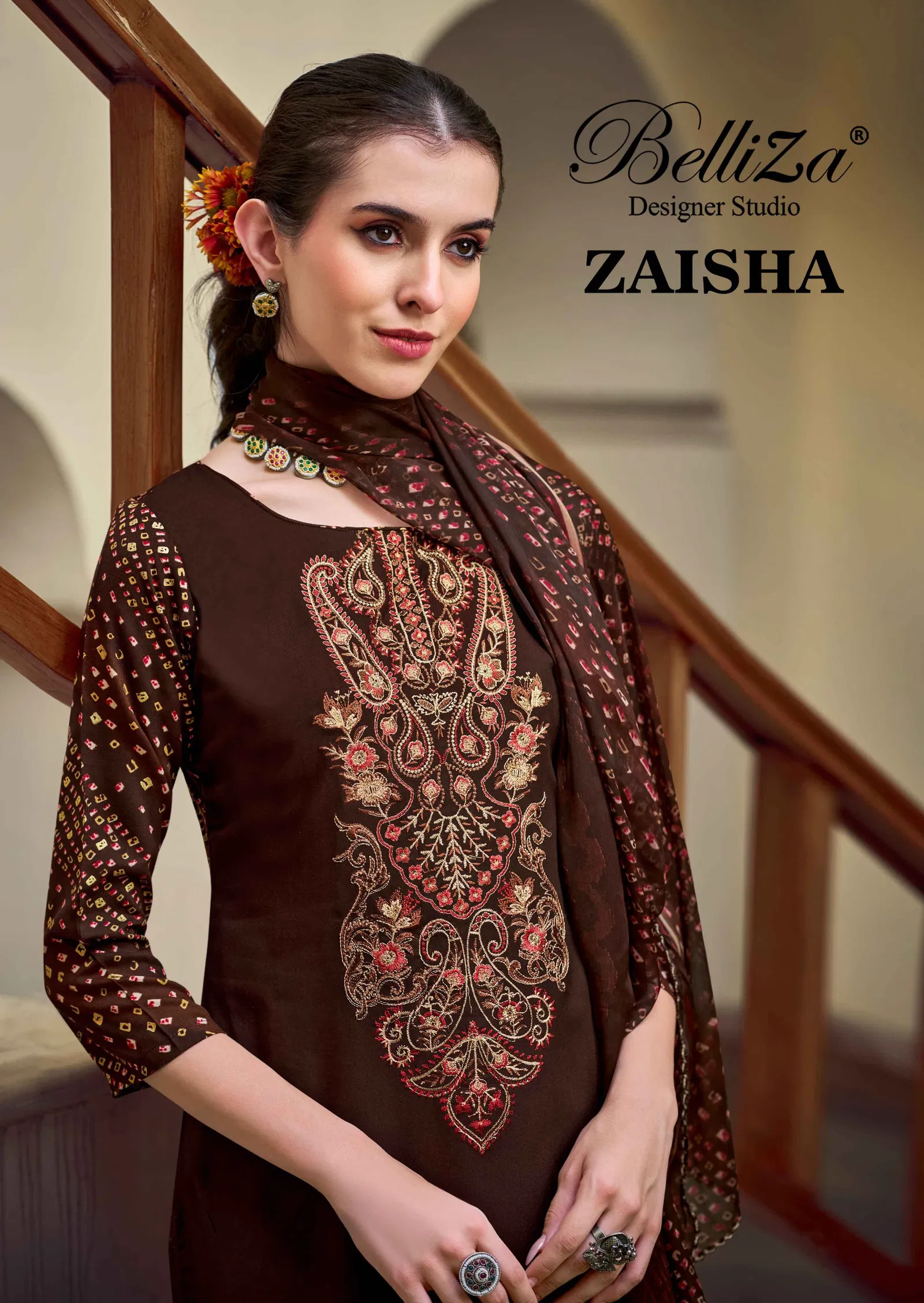 Belliza Zaisha Viscose Rayon Digital Print Embroidery Dress Material
