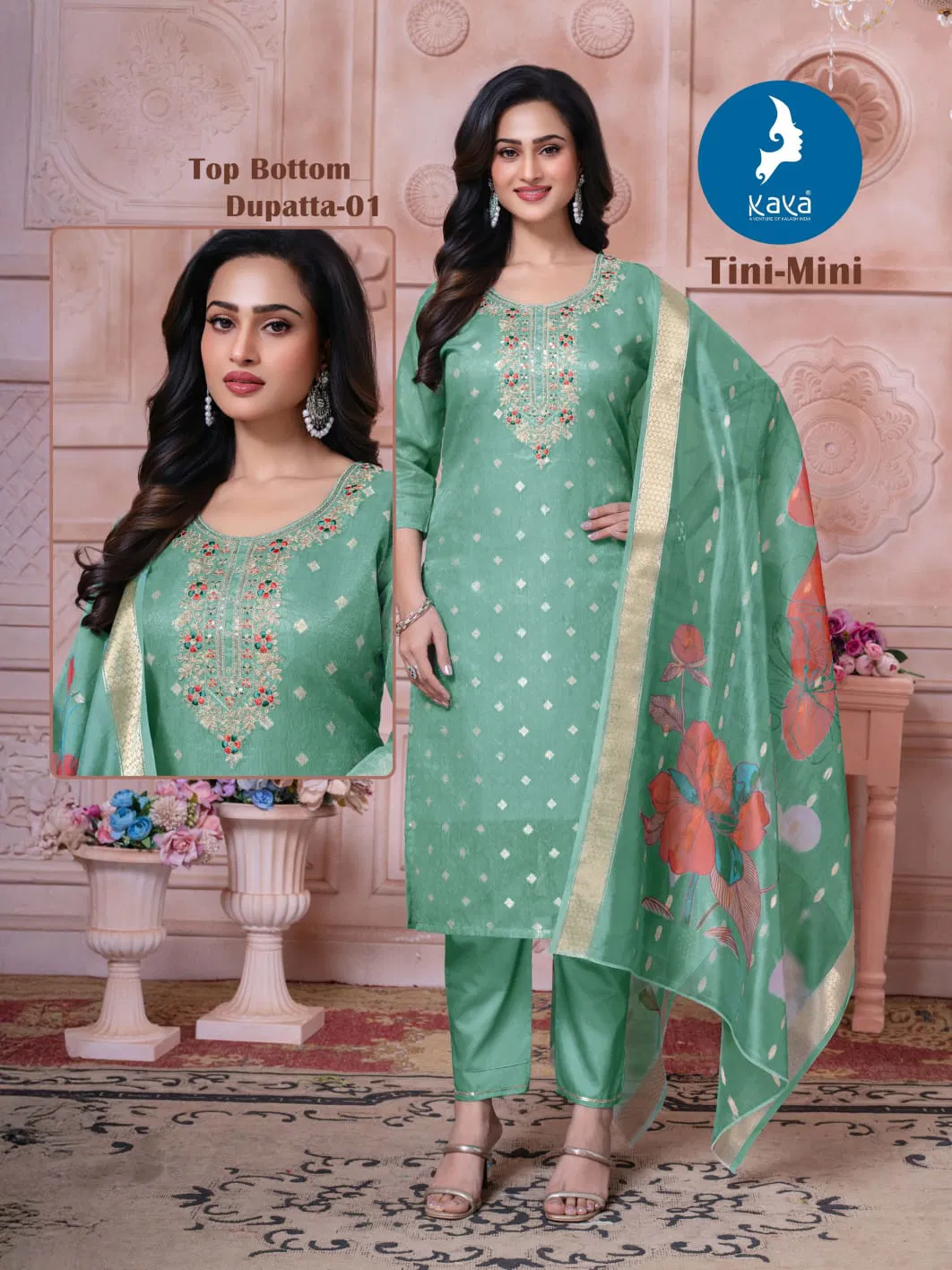 Kaya Tini Mini Shimmer Jacquard With Work Kurti Pant And Dupatta