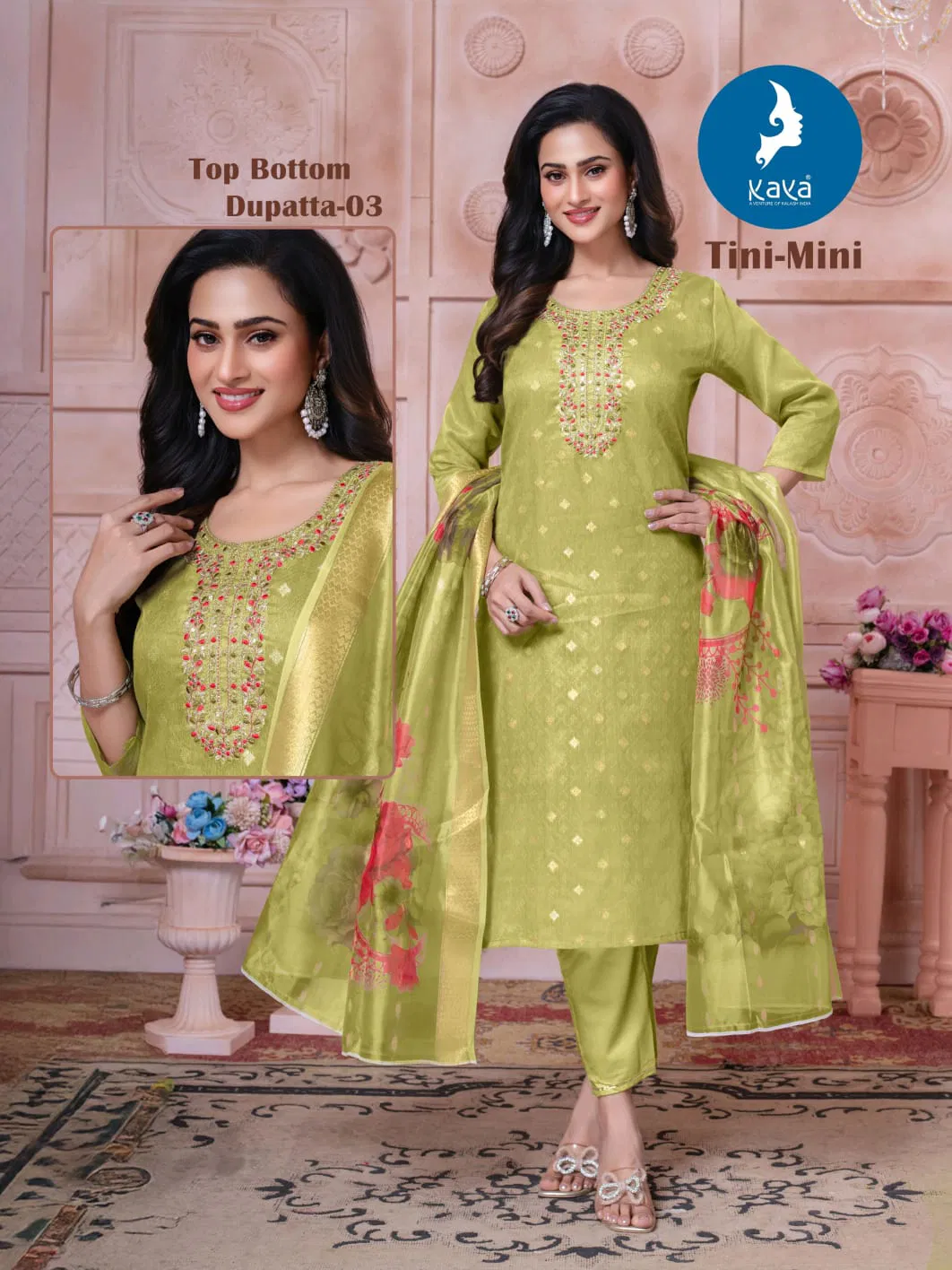 Kaya Tini Mini Shimmer Jacquard With Work Kurti Pant And Dupatta