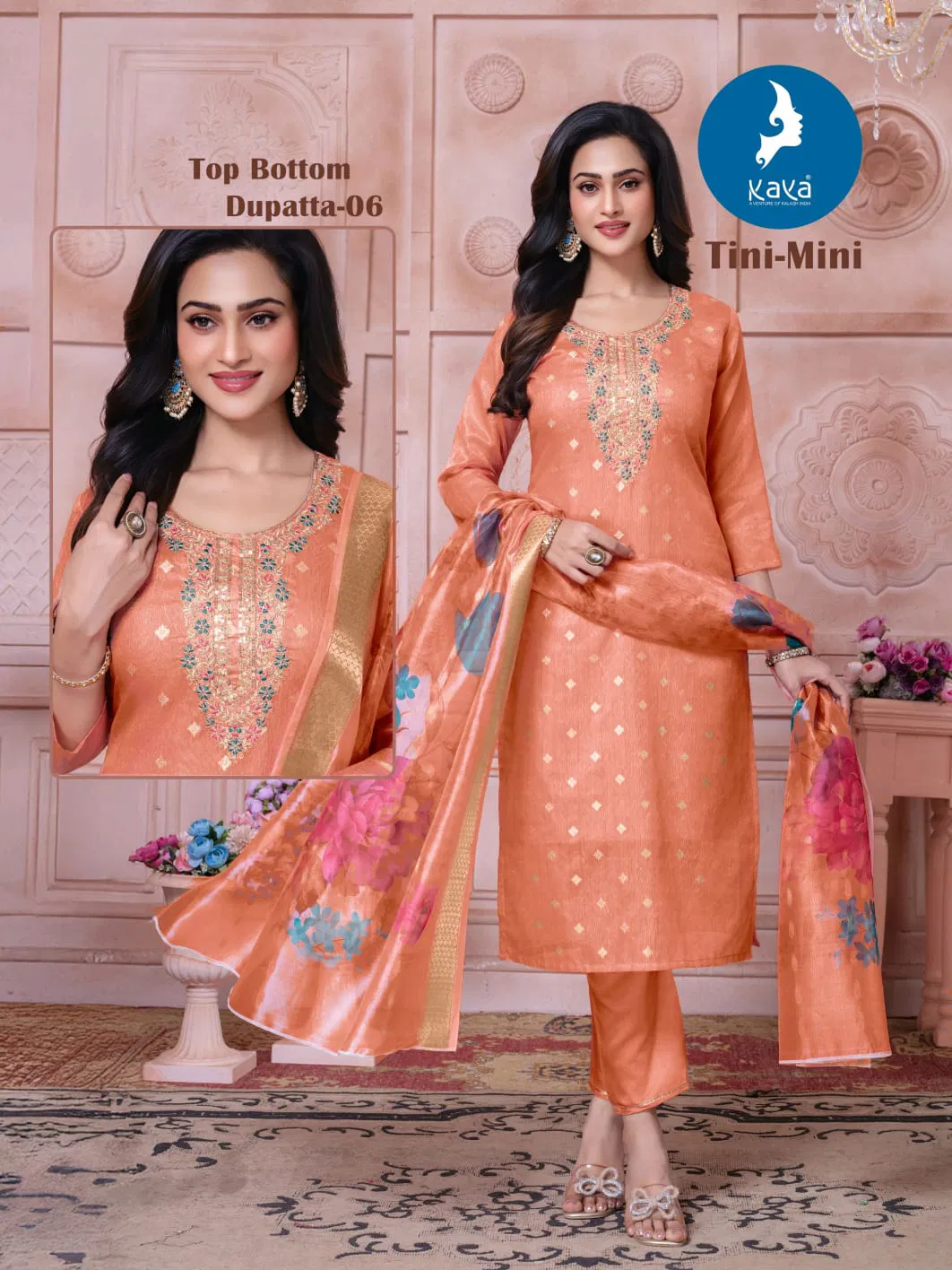 Kaya Tini Mini Shimmer Jacquard With Work Kurti Pant And Dupatta