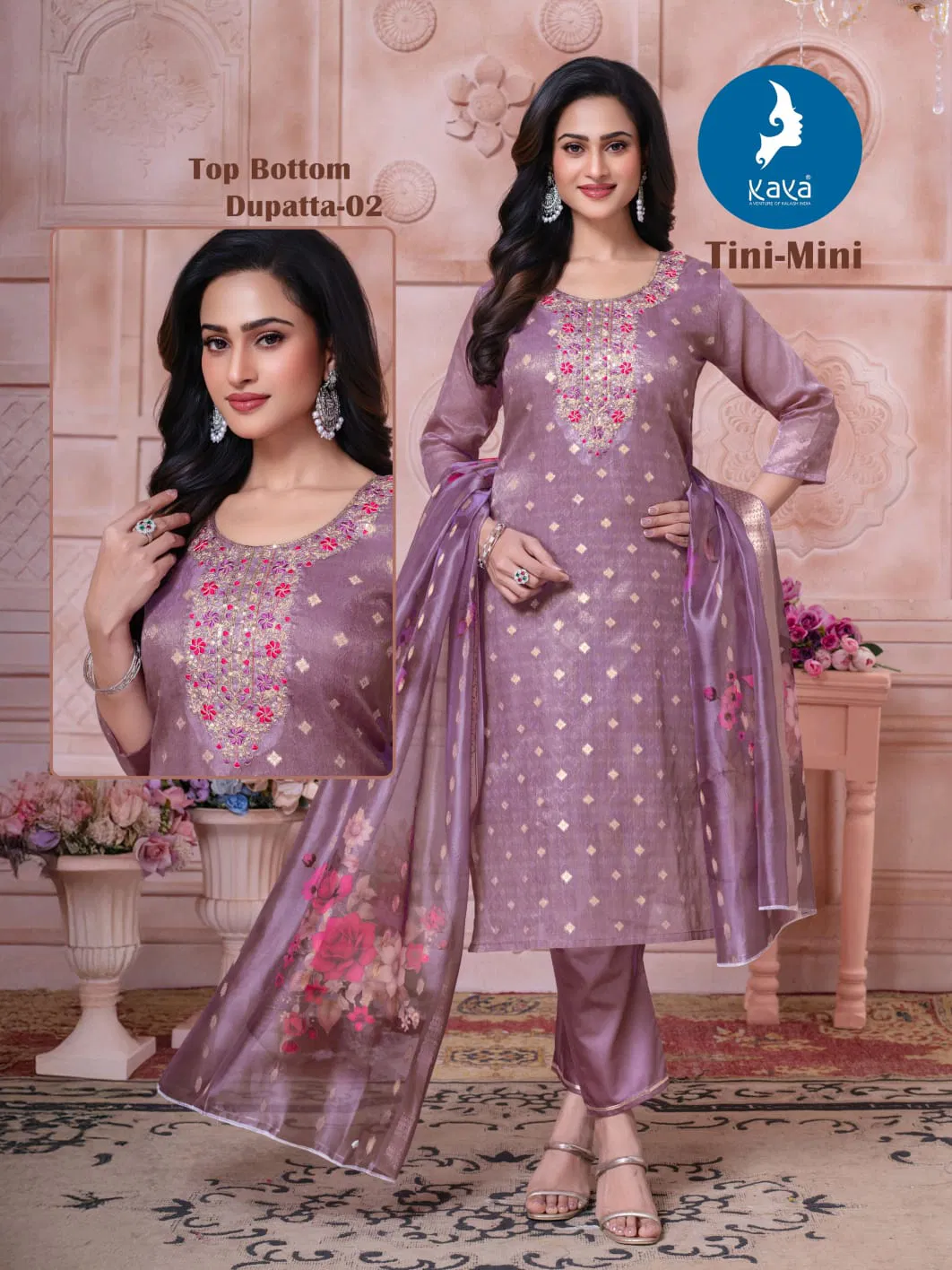 Kaya Tini Mini Shimmer Jacquard With Work Kurti Pant And Dupatta
