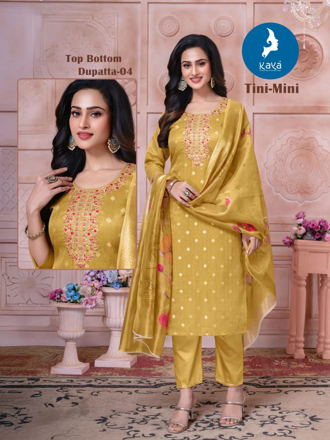 Kaya Tini Mini Shimmer Jacquard With Work Kurti Pant And Dupatta