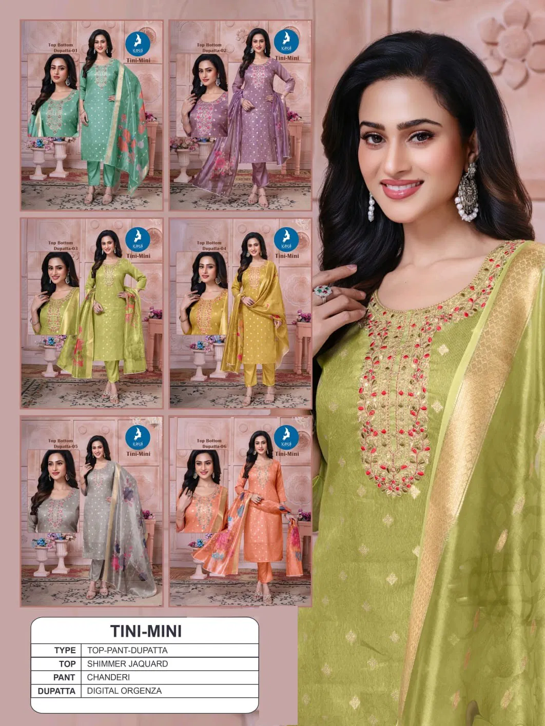 Kaya Tini Mini Shimmer Jacquard With Work Kurti Pant And Dupatta