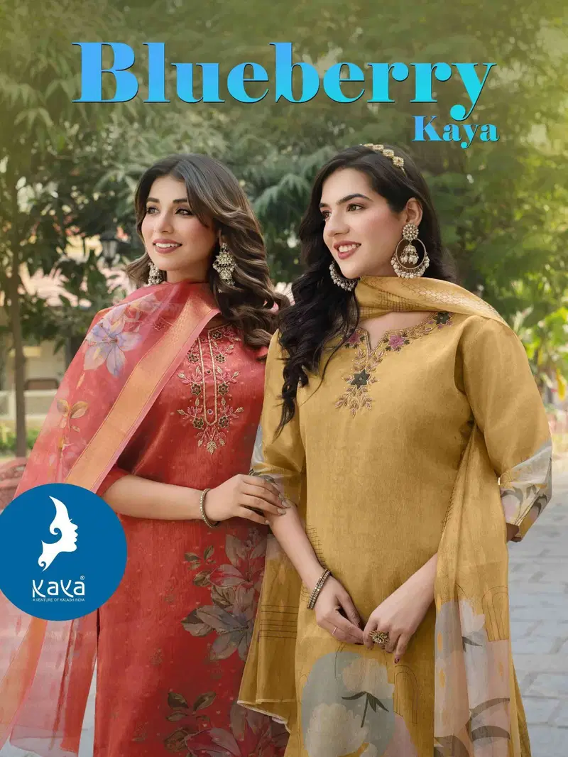 Kaya Blue Berry Shimmer Butti With Work Kurti Pant And Dupatta