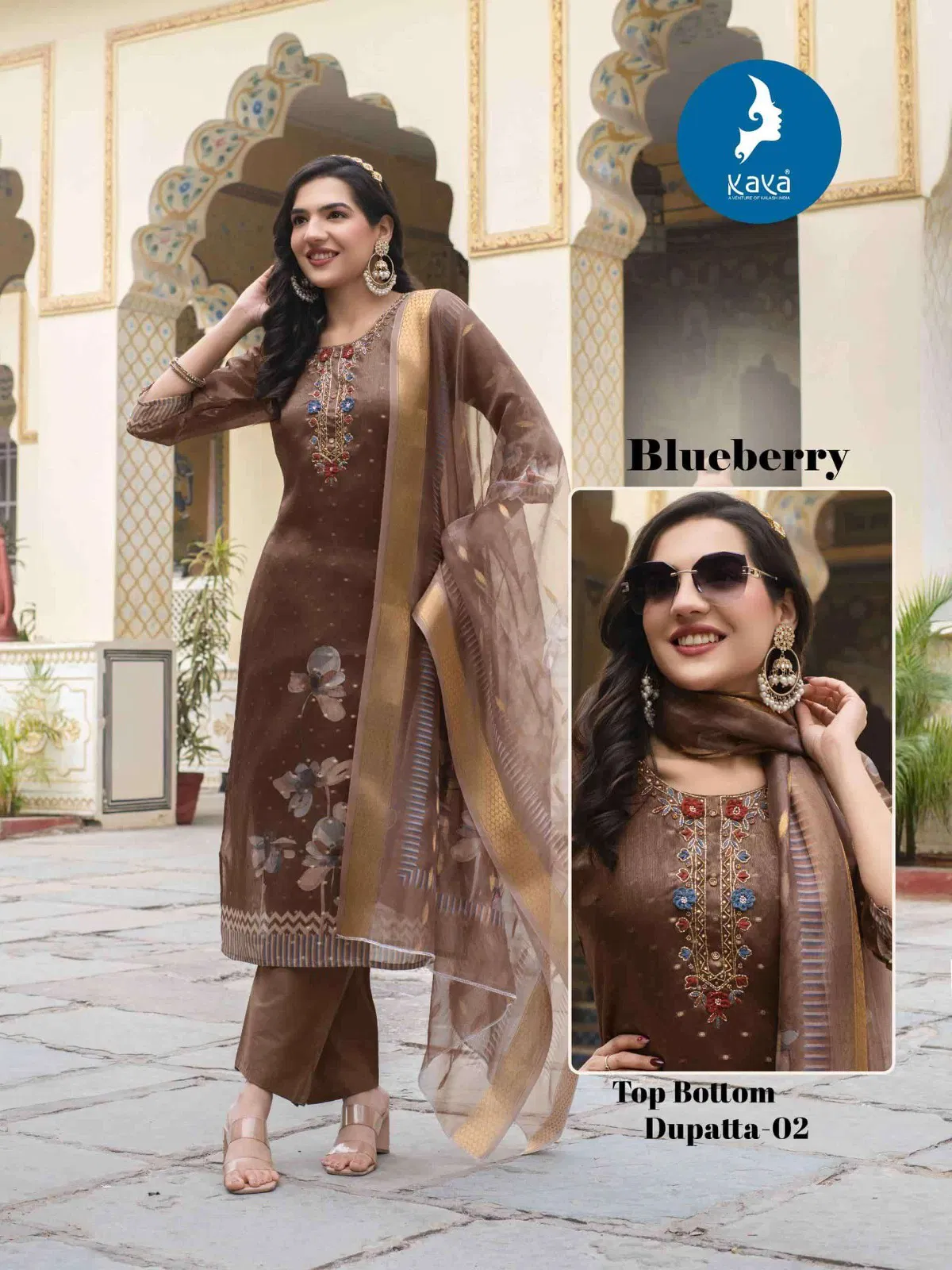 Kaya Blue Berry Shimmer Butti With Work Kurti Pant And Dupatta