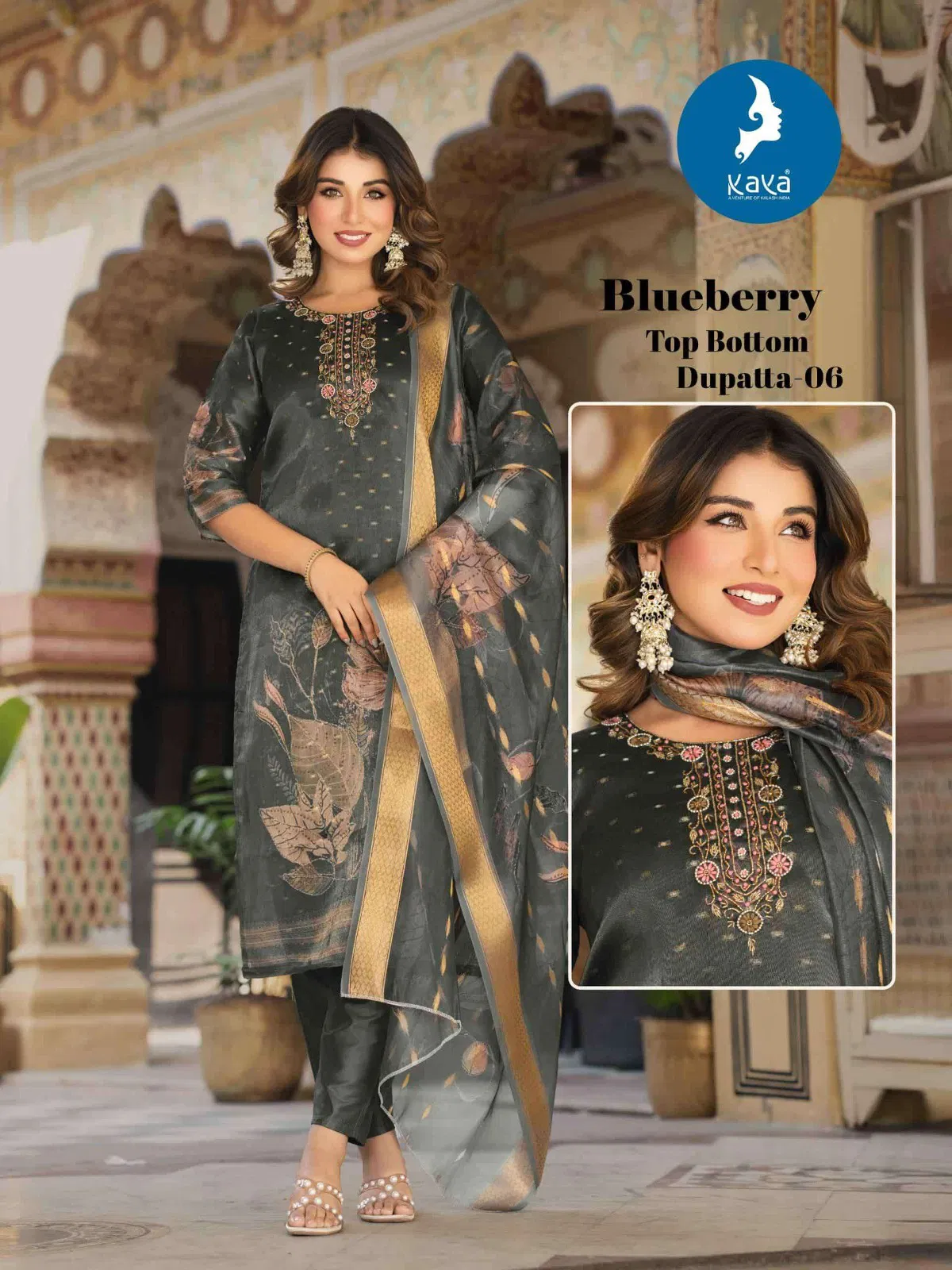 Kaya Blue Berry Shimmer Butti With Work Kurti Pant And Dupatta