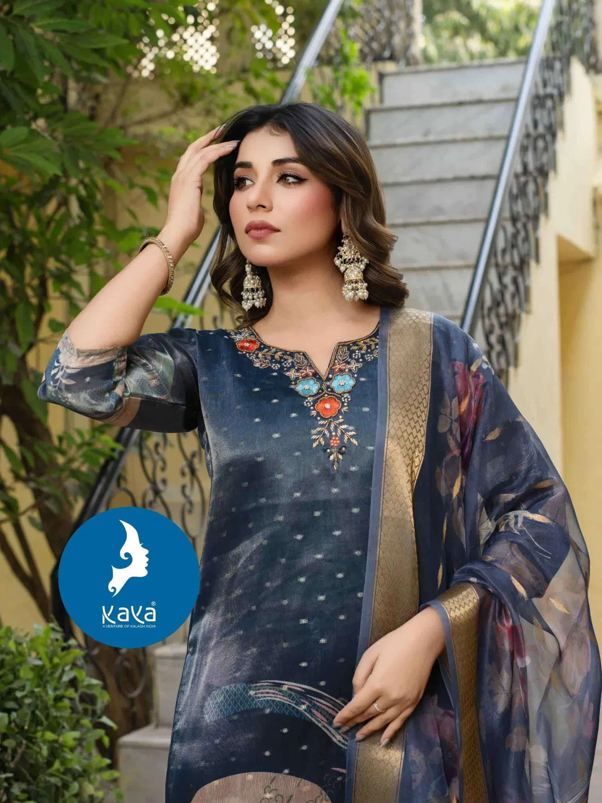 Kaya Blue Berry Shimmer Butti With Work Kurti Pant And Dupatta
