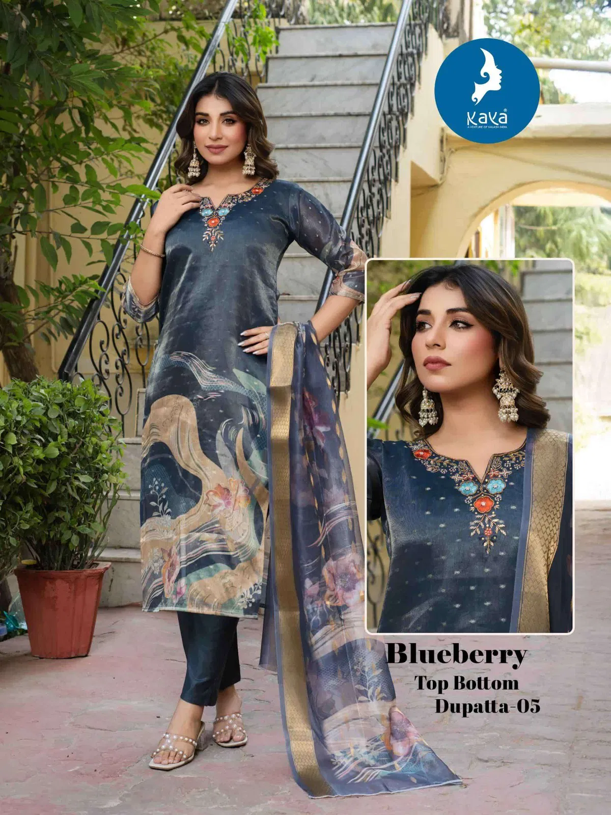 Kaya Blue Berry Shimmer Butti With Work Kurti Pant And Dupatta