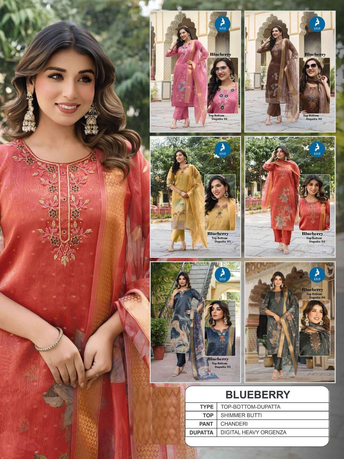 Kaya Blue Berry Shimmer Butti With Work Kurti Pant And Dupatta