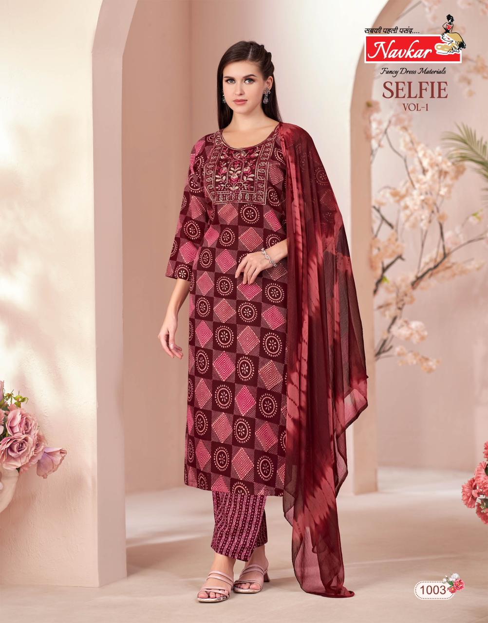 Navkar Selfie Vol 1 Capsule Foil Print With embroidery Top With Bottom and Dupatta Collection