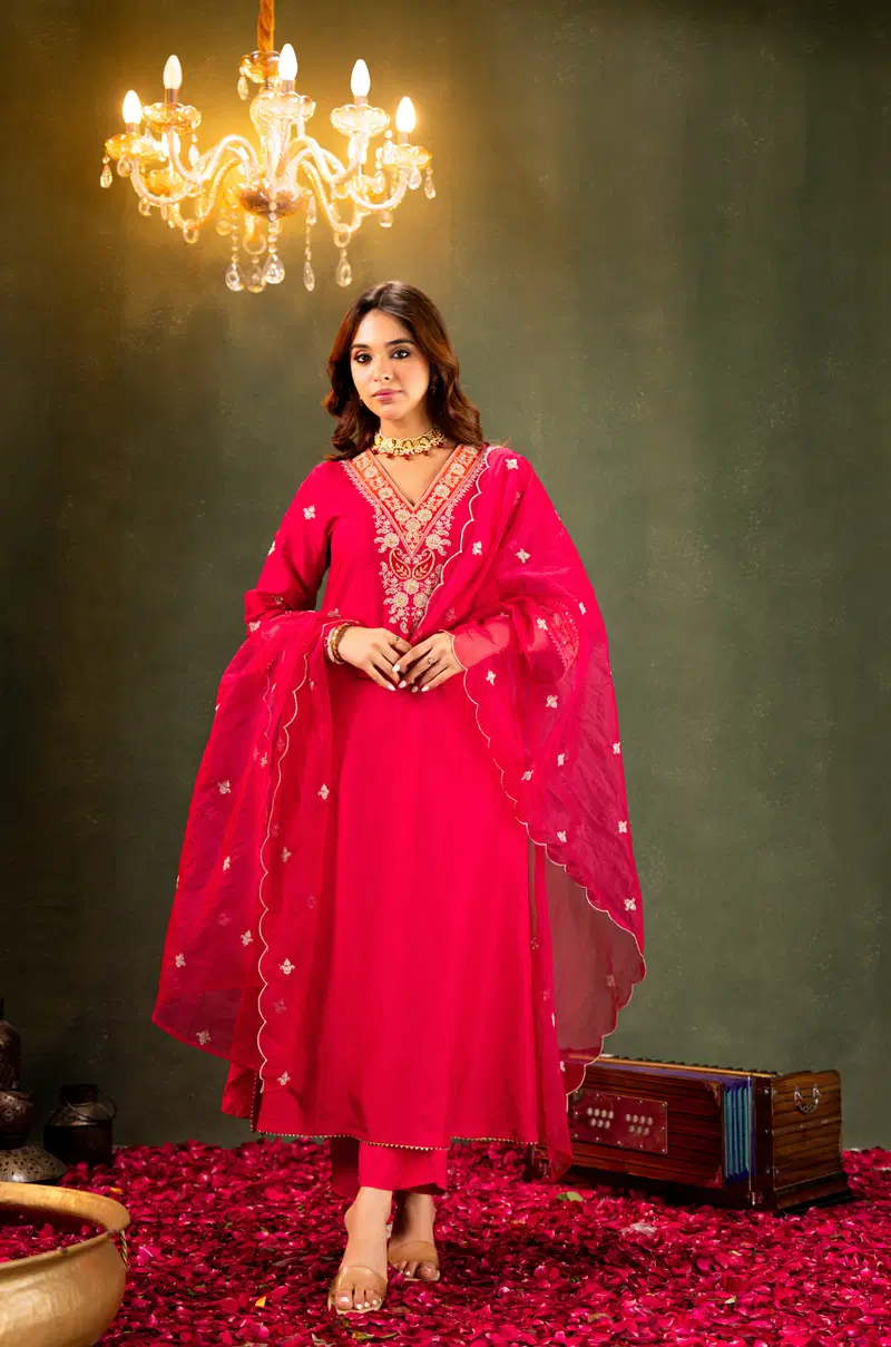 Satarushi 01 Viscose Chanderi Embroidery Work Kurti Pant And Dupatta