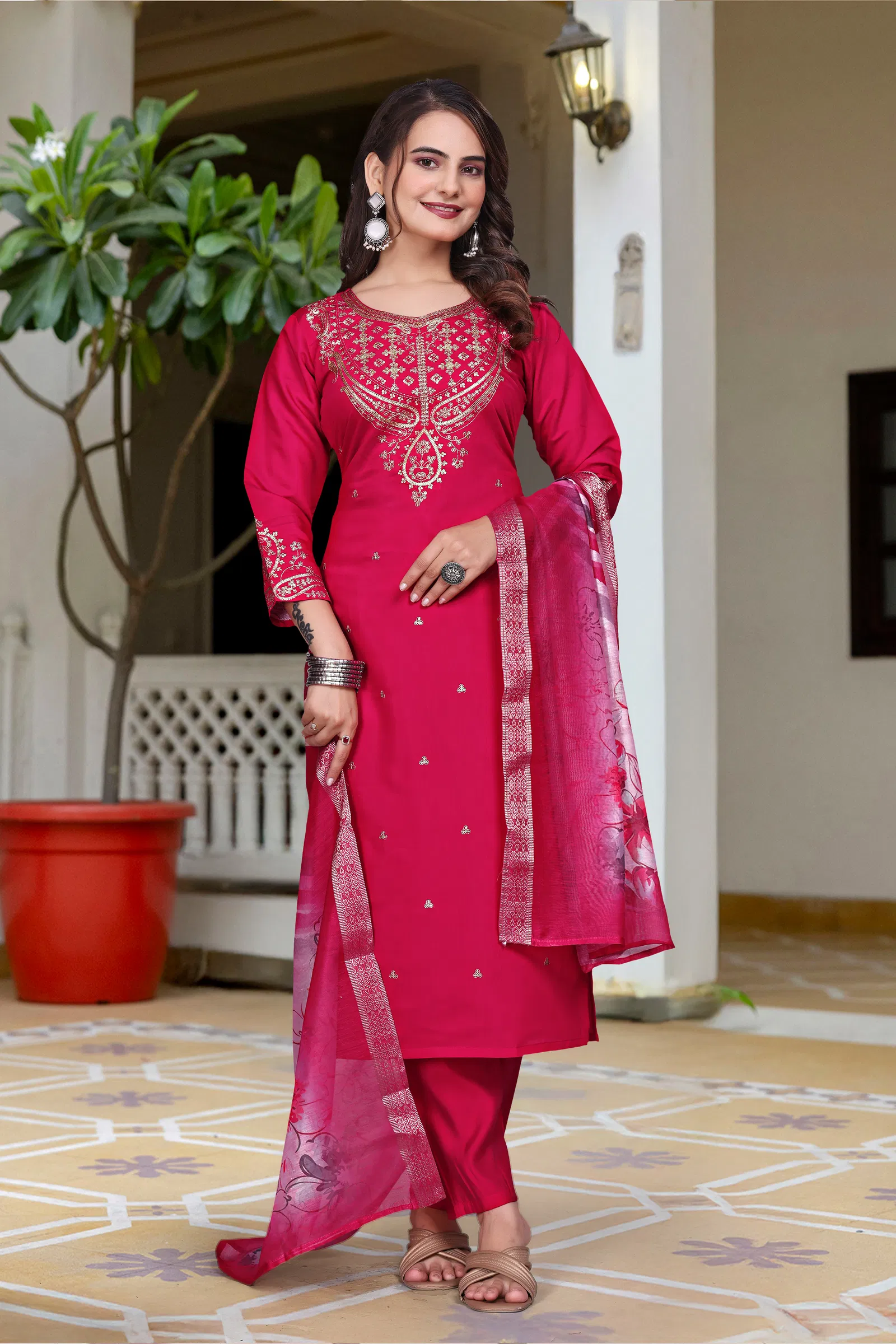 Satkavya 01 Chanderi Silk Embroidery Work Kurti Pant And Dupatta