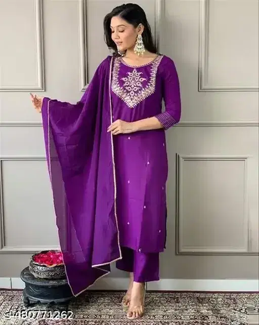 Satheny 01 Rayon Slub With Embroidered Kurti Pant And Dupatta