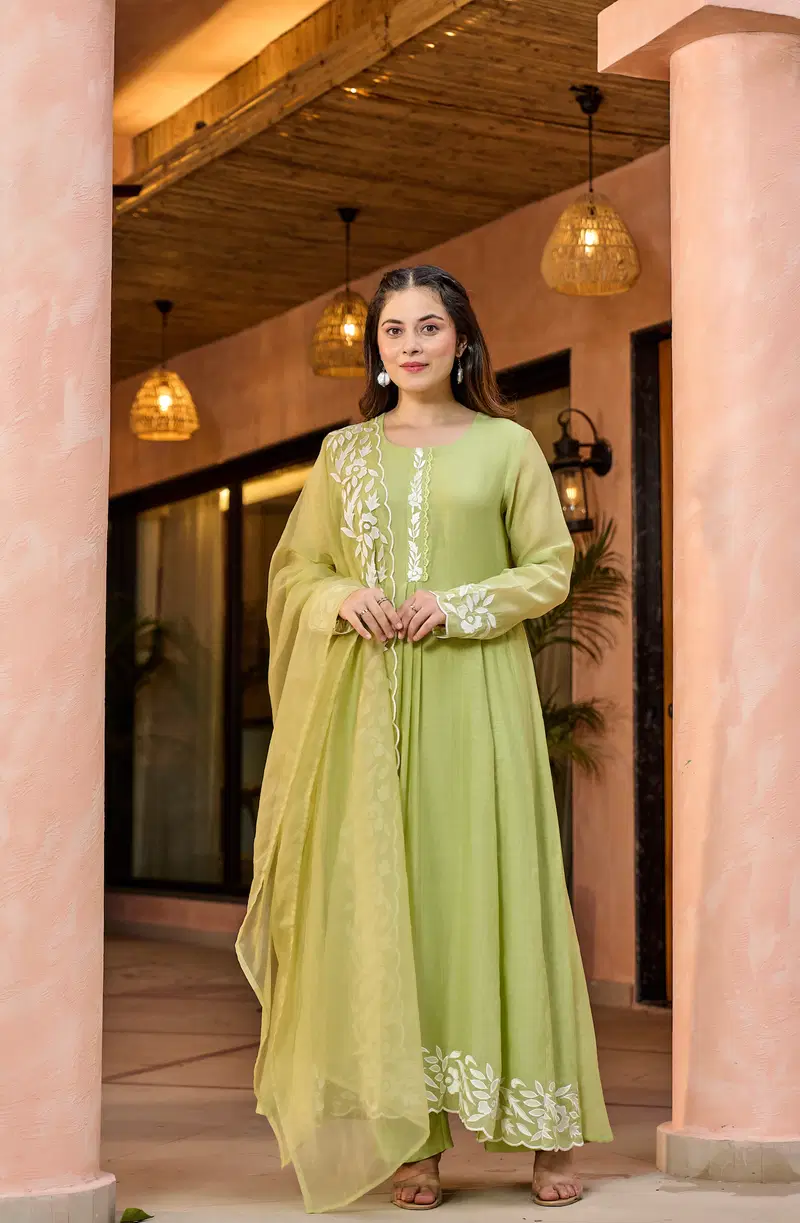 Sattulsi 01 Chanderi Silk Embroidery Work Anarkali Kurti Pant And Dupatta