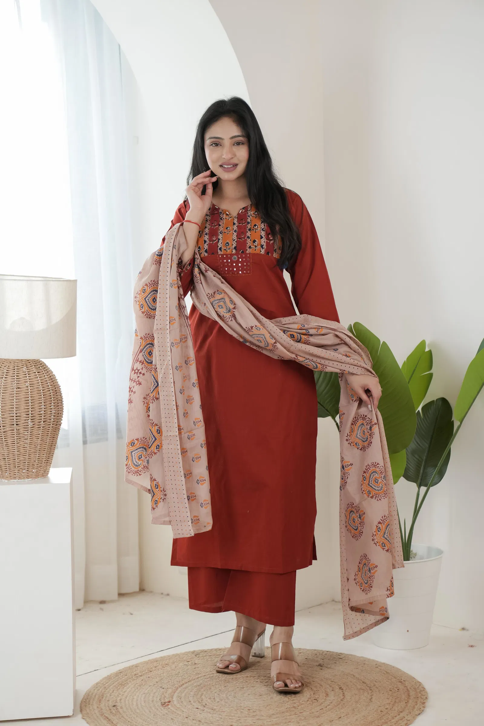 Naisha K 699 Dhabu Cotton Kalamkari Printed Kurti Pant And Dupatta