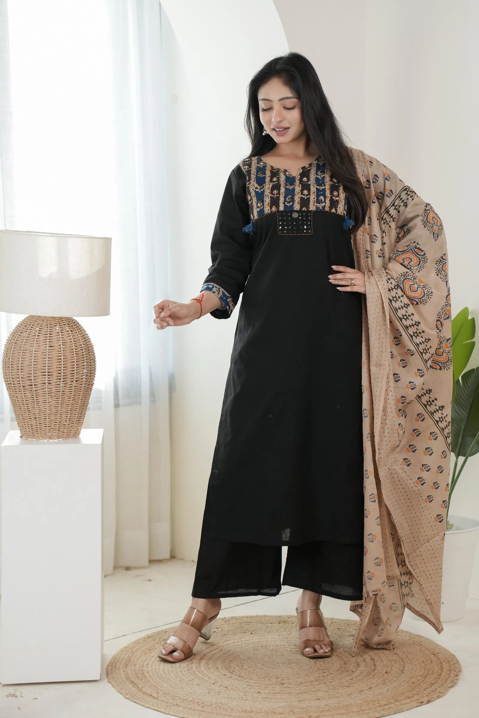 Naisha K 699 Dhabu Cotton Kalamkari Printed Kurti Pant And Dupatta