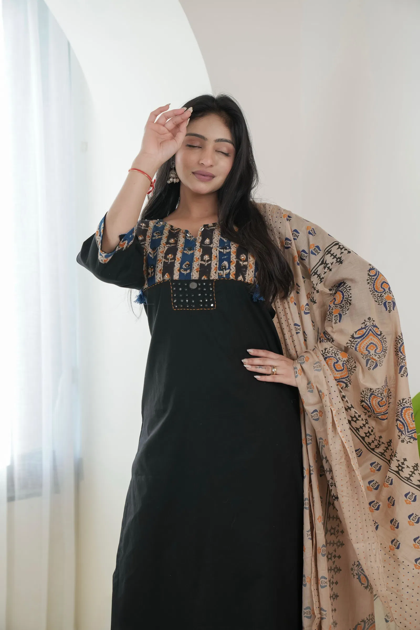 Naisha K 699 Dhabu Cotton Kalamkari Printed Kurti Pant And Dupatta