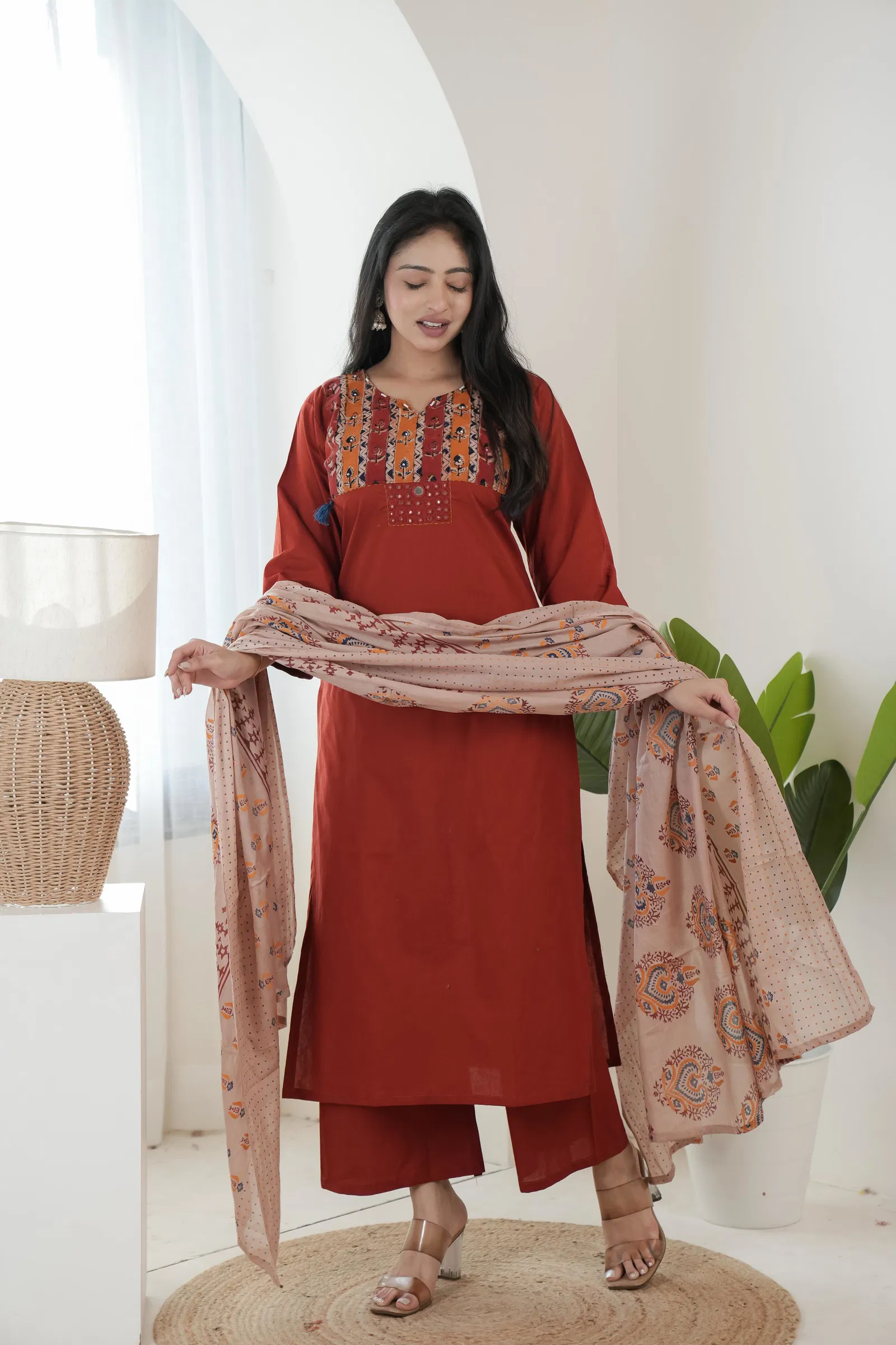 Naisha K 699 Dhabu Cotton Kalamkari Printed Kurti Pant And Dupatta