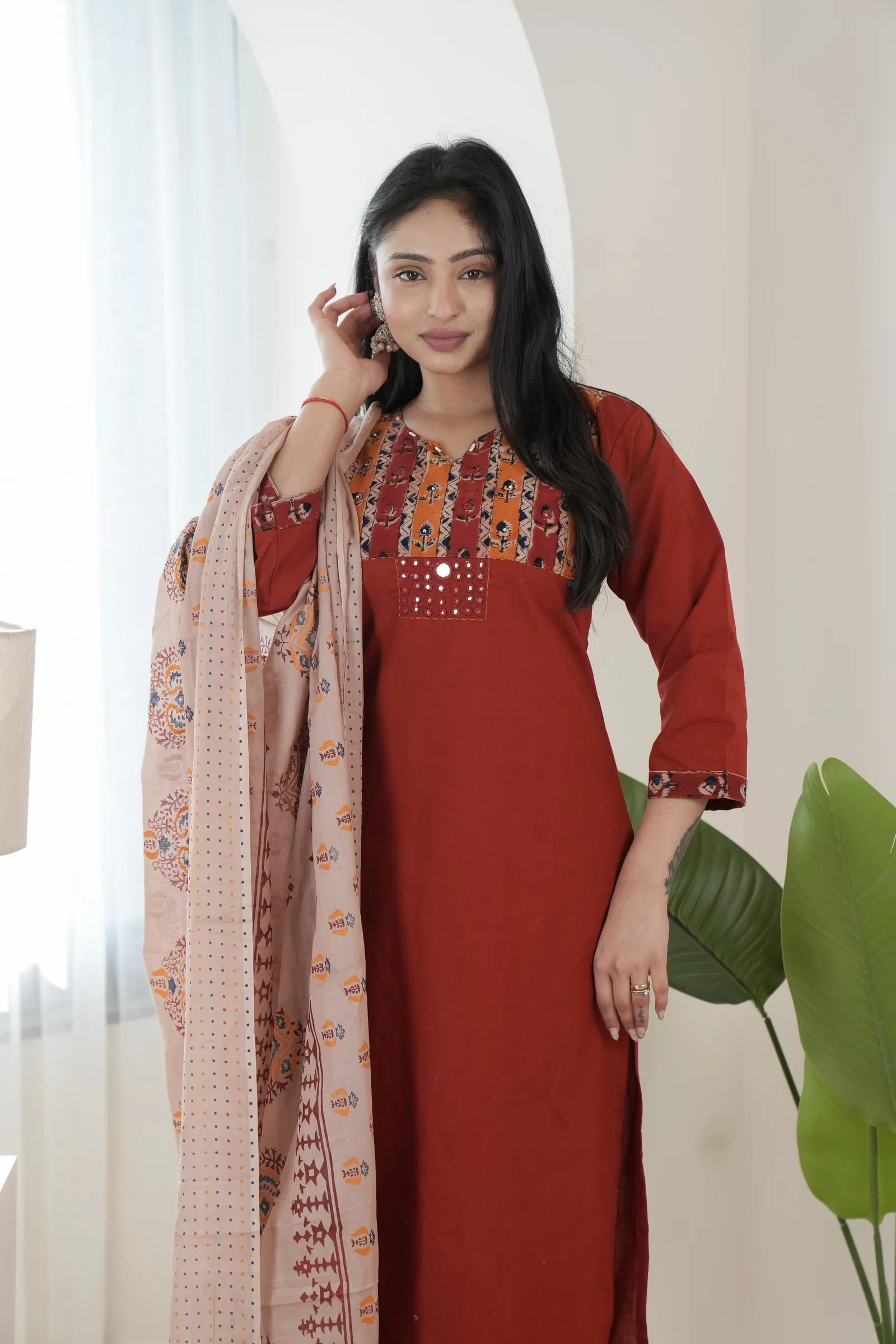 Naisha K 699 Dhabu Cotton Kalamkari Printed Kurti Pant And Dupatta