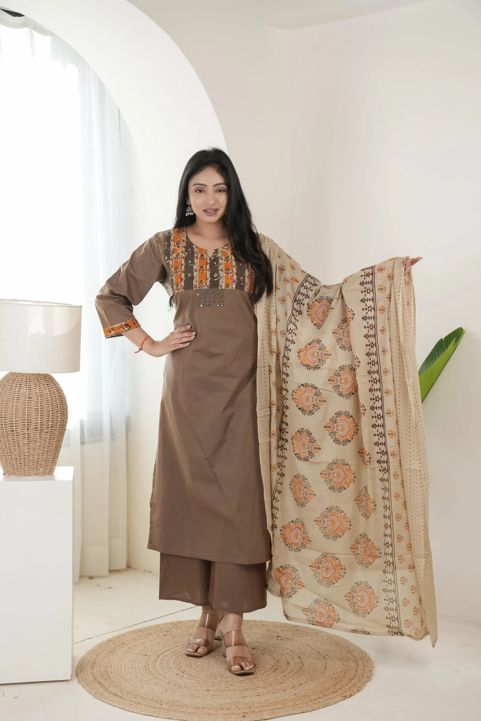 Naisha K 699 Dhabu Cotton Kalamkari Printed Kurti Pant And Dupatta