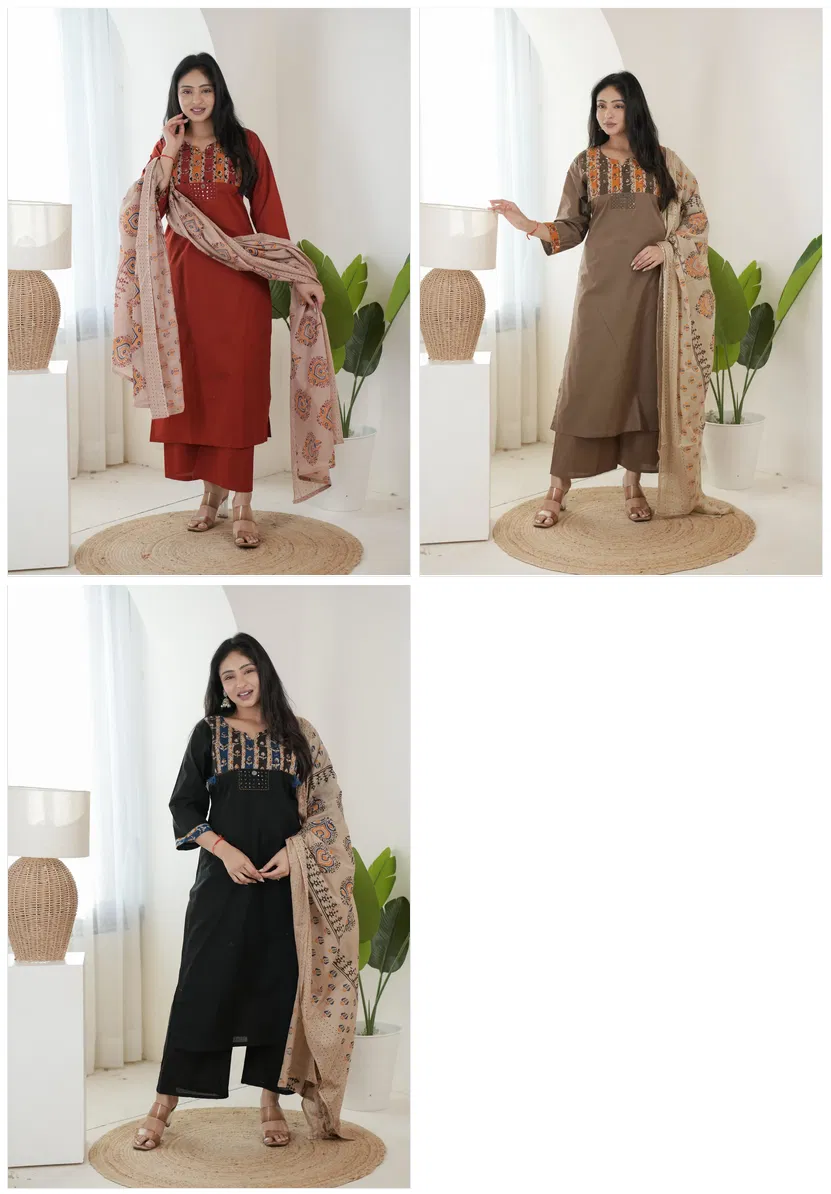 Naisha K 699 Dhabu Cotton Kalamkari Printed Kurti Pant And Dupatta