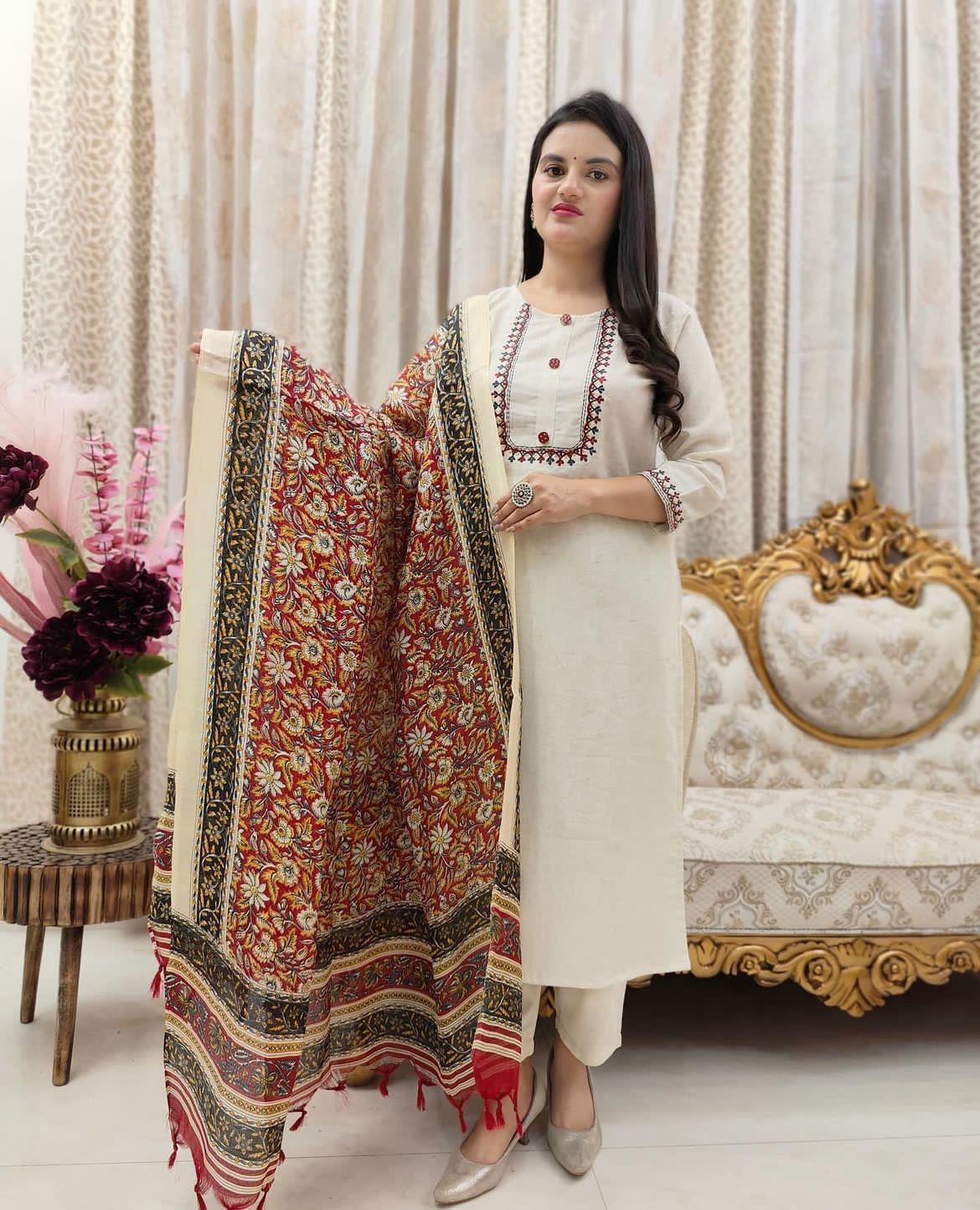 NCO 25 Khadi Cotton Embroidery Kurti Bottom With Dupatta