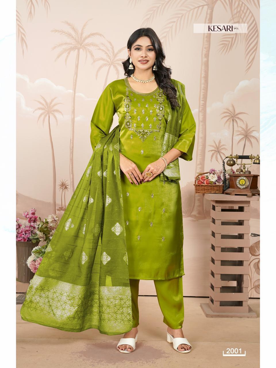 Dnp Kesari Heavy Glass Roman With Lining Top With Bottom And Dupatta Collection